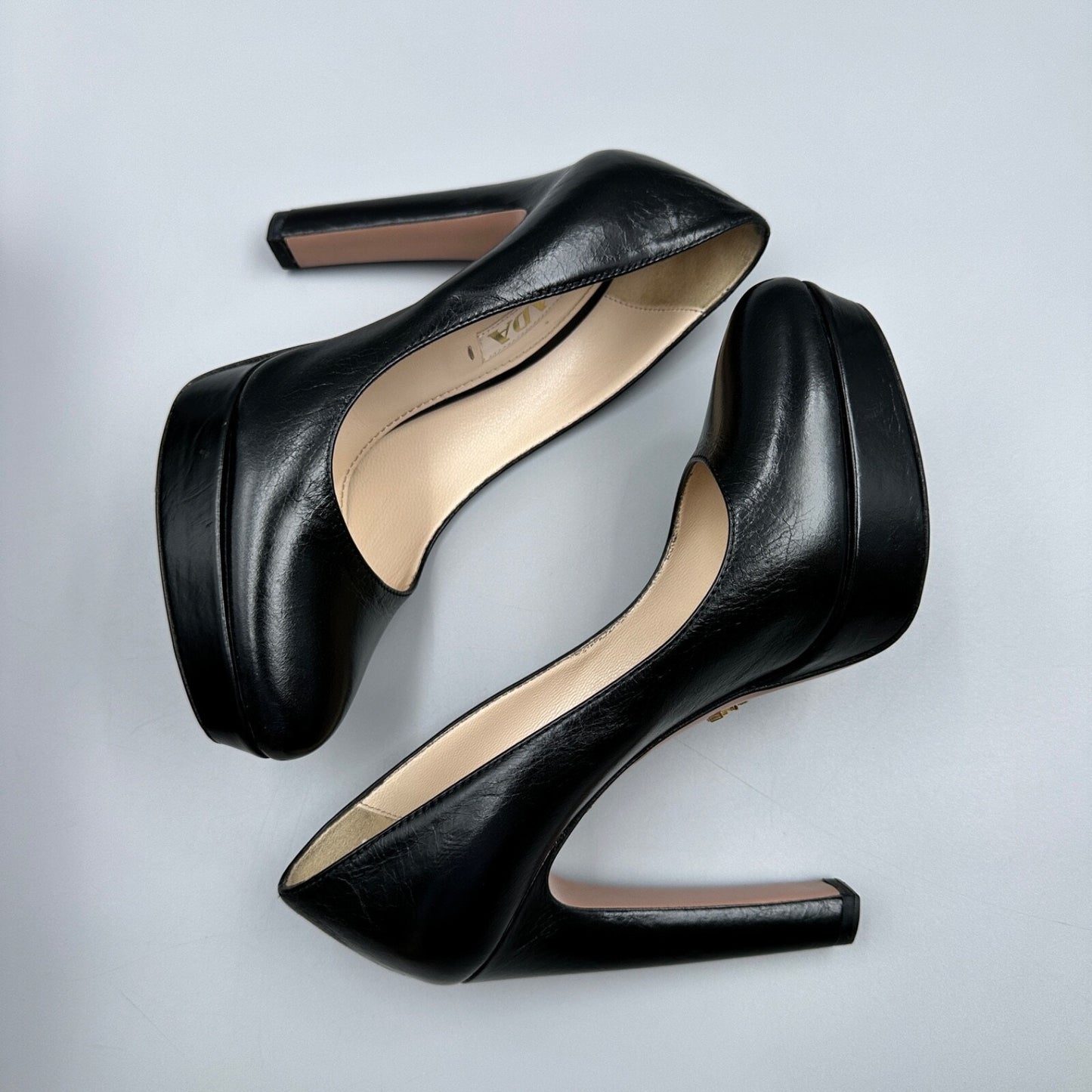 PRADA BLACK LEATHER BLOCK HEELS Sz 37