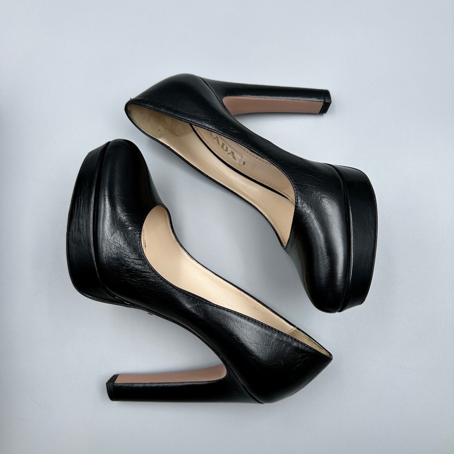 PRADA BLACK LEATHER BLOCK HEELS Sz 37