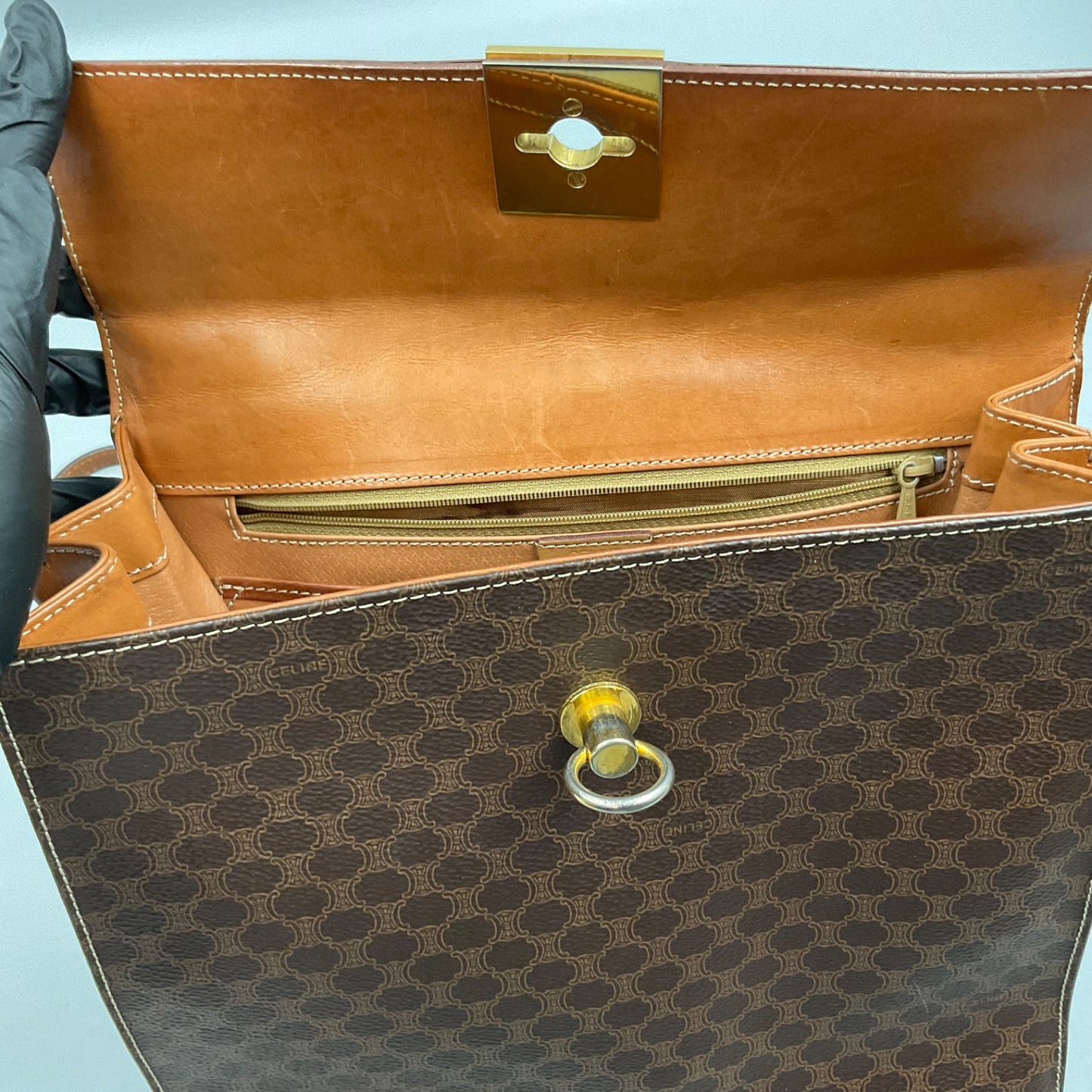 CELINE BROWN MACADAM HANDBAG w/CHAIN