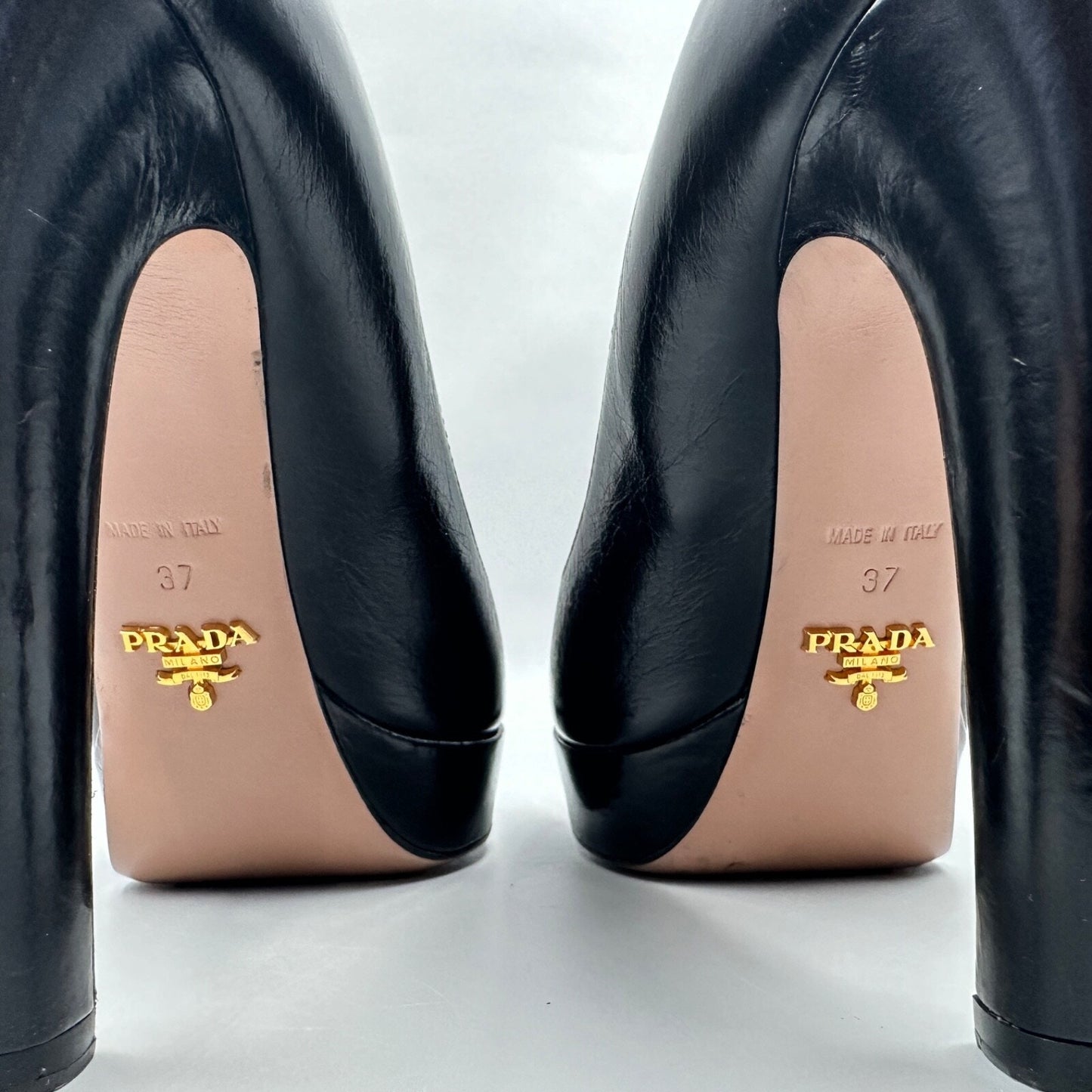 PRADA BLACK LEATHER BLOCK HEELS Sz 37