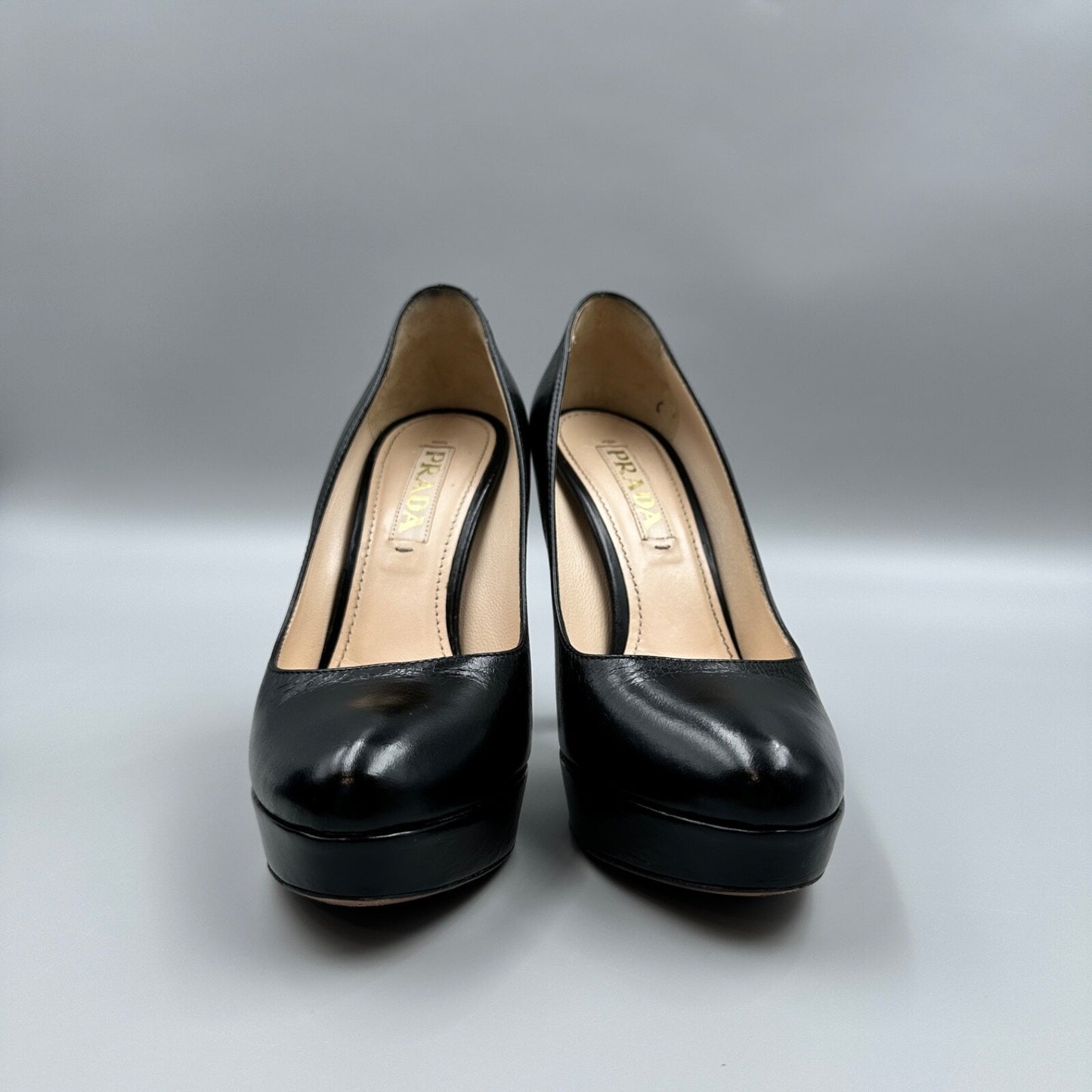 PRADA BLACK LEATHER BLOCK HEELS Sz 37