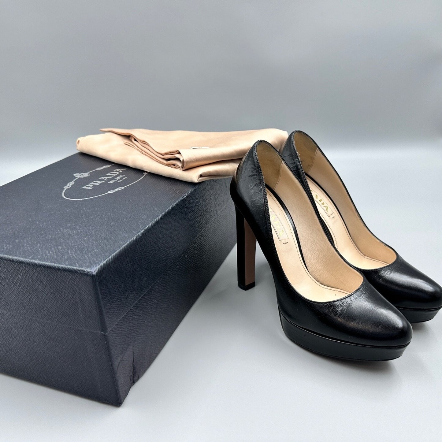 PRADA BLACK LEATHER BLOCK HEELS Sz 37