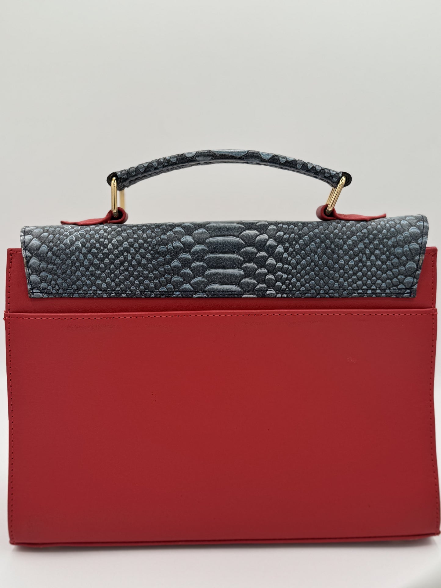 RED LEATHER HANDBAG W/PYTHON-EMBOSSED FLAP.