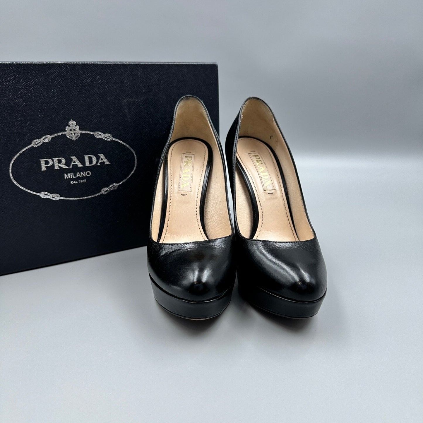 PRADA BLACK LEATHER BLOCK HEELS Sz 37