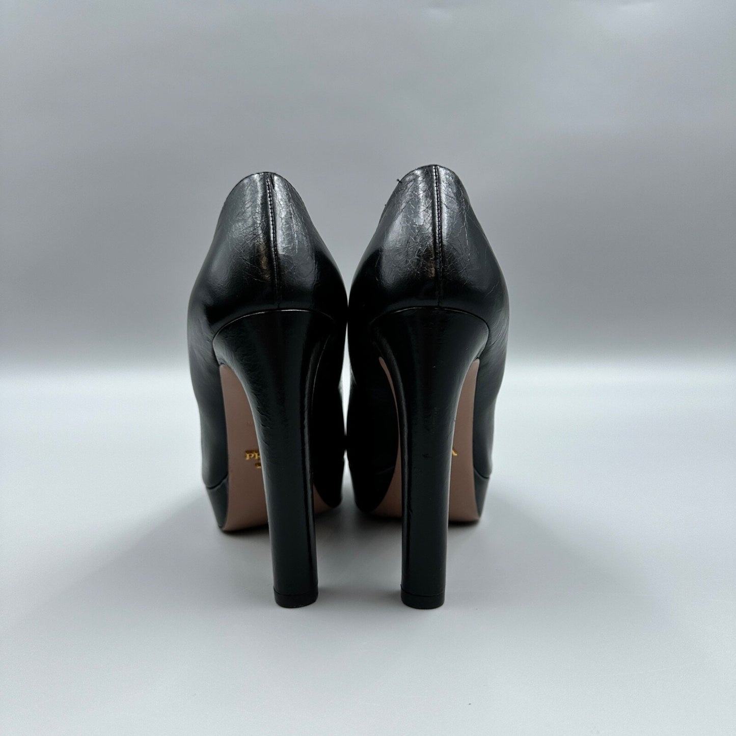 PRADA BLACK LEATHER BLOCK HEELS Sz 37