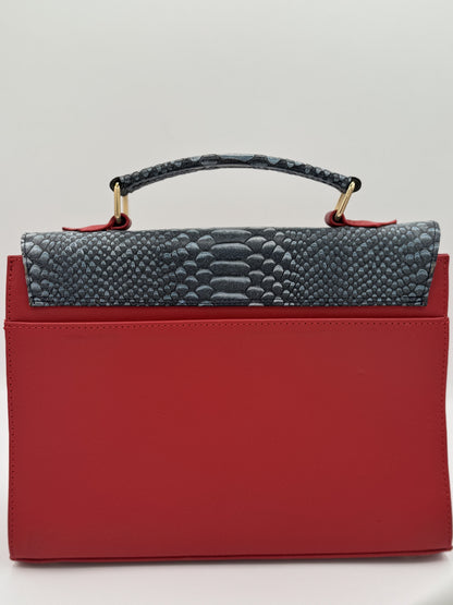 RED LEATHER HANDBAG W/PYTHON-EMBOSSED FLAP.