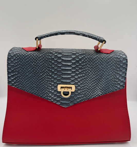 RED LEATHER HANDBAG W/PYTHON-EMBOSSED FLAP.