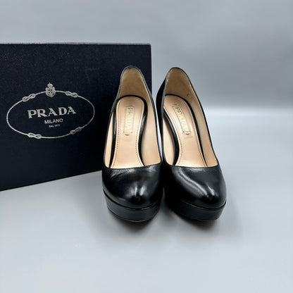 PRADA BLACK LEATHER BLOCK HEELS Sz 37