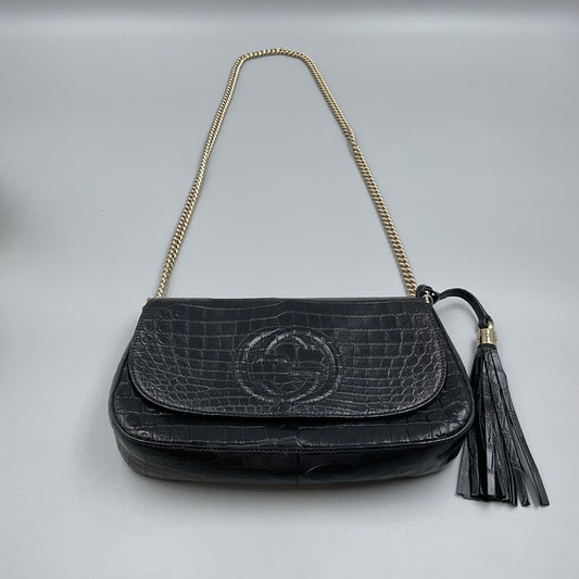 GUCCI BLACK CROCODILE SOHO CHAIN CROSSBODY BAG